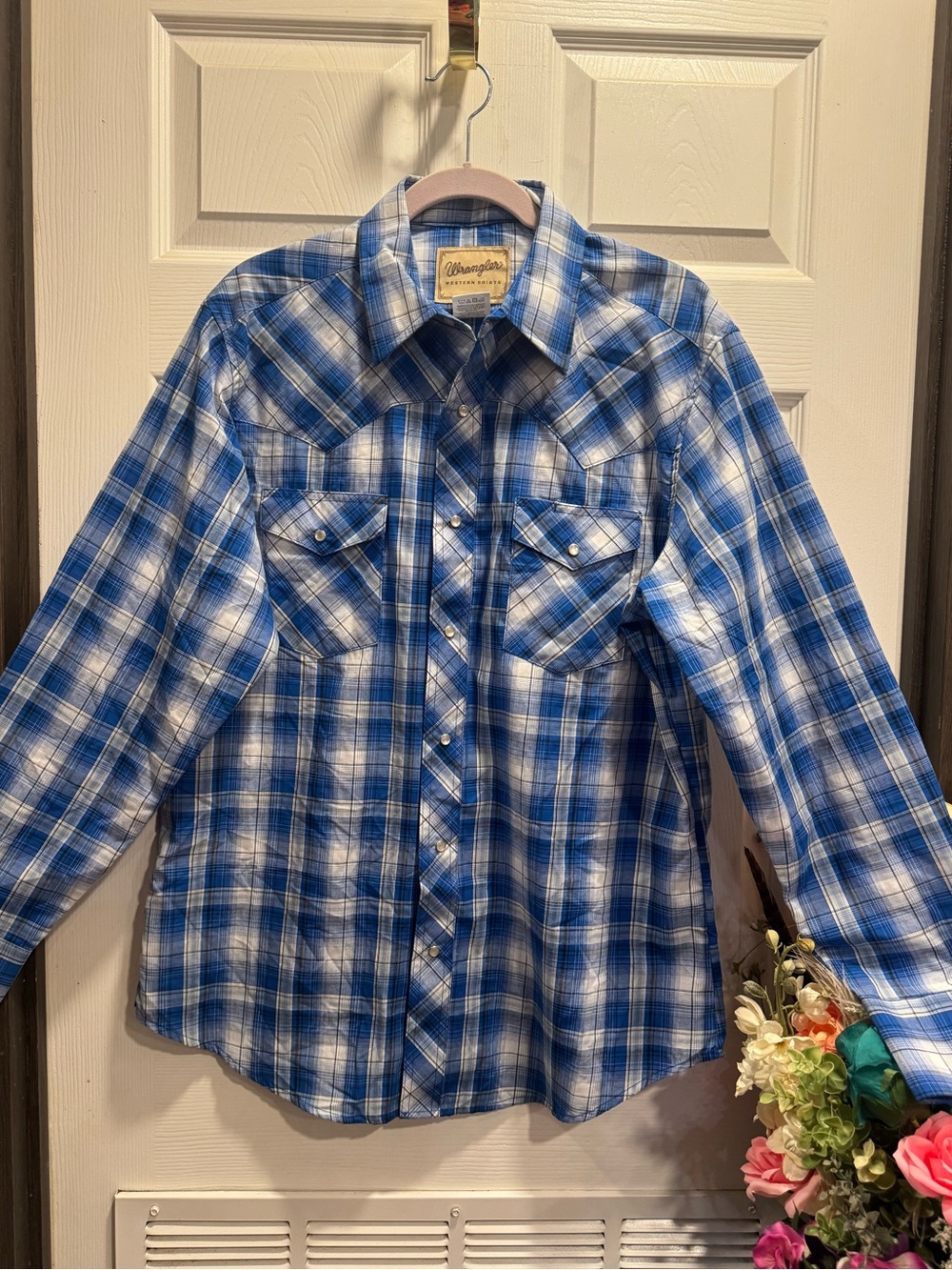 Wrangler Shirt Mens Blue Plaid Western Front Pearl Snap Cotton SZ Large